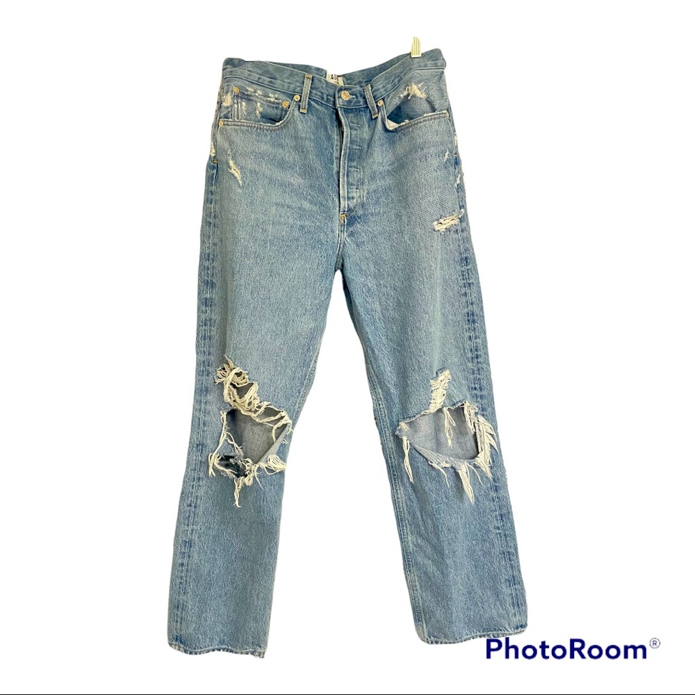 Agolde 90s Mid Rise Loose Fit Distressed Ripped Light Wash Jeans